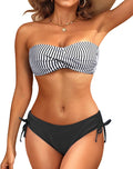 Women's Stripe and Black Strapless Bandeau Bikini Set - Twist Front
