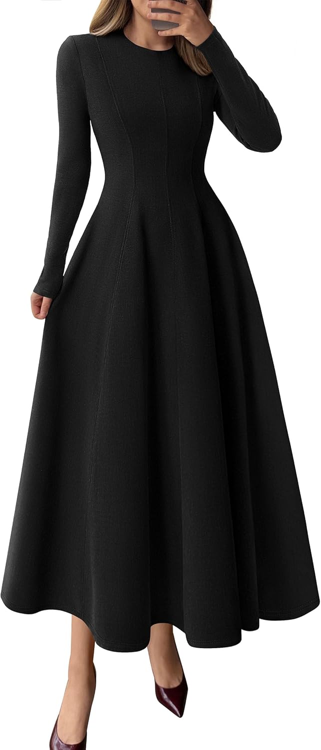 Elegant Classy Fall Long Sleeve Midi A Line Flowy Dress