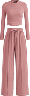 Women Ribbed 2 Piece Lounge Set - Crop Top & Wide Leg Pants