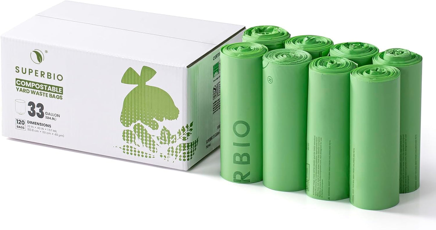 SUPERBIO Compostable Yard Waste Bags 33 Gallon Extra Thick 120 Count