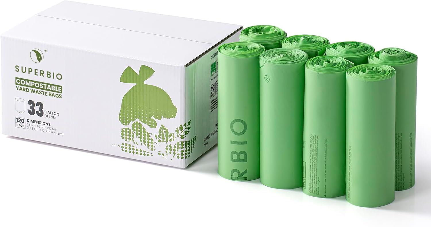 SUPERBIO Compostable Yard Waste Bags 33 Gallon Extra Thick 120 Count