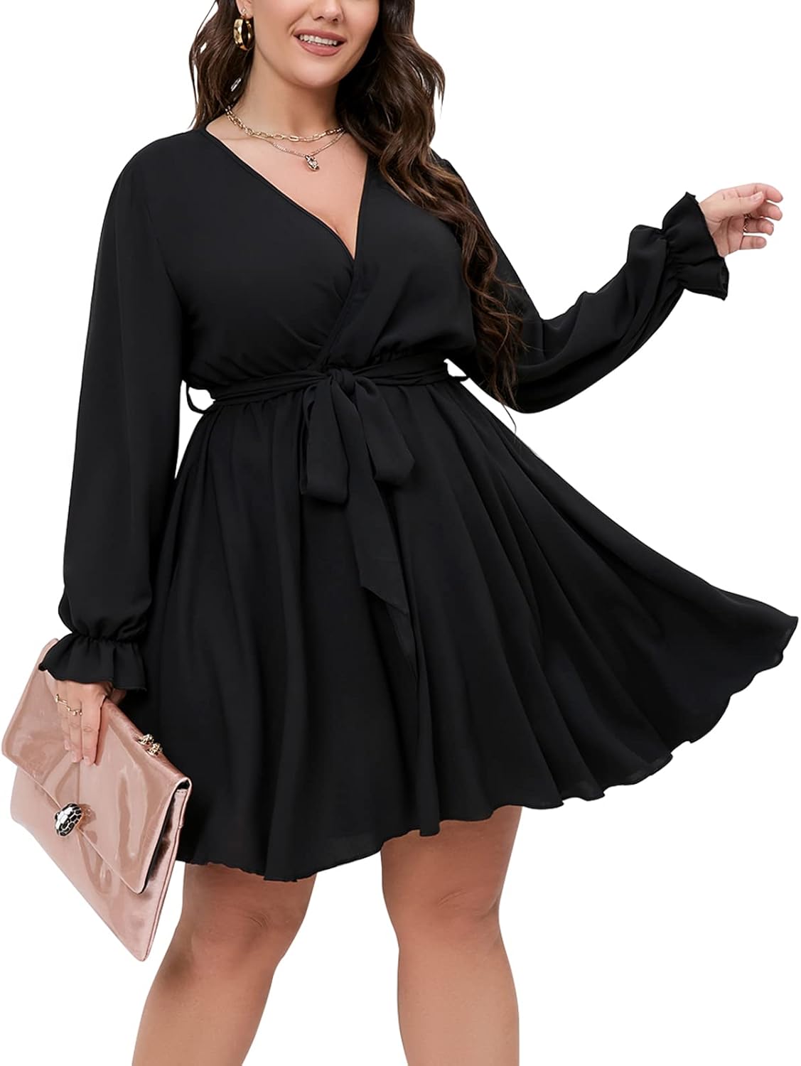 SCOMCHIC Women's Plus Size Long Sleeve Wrap V Neck Mini Dress