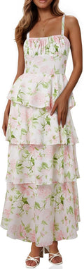 Fisoew Womens Floral Maxi Dresses Spaghetti Strap Tiered Dress