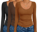 Long Sleeve Shirts for Women Deep V Neck 3 Pack - Soft Thermal Tops