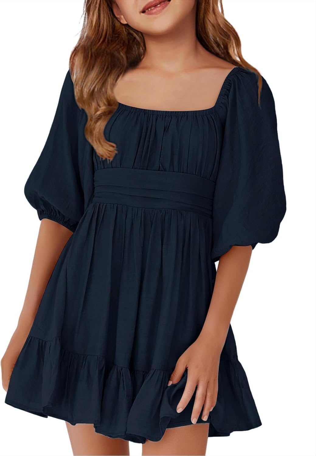 Girls Summer Dresses Square Neck Lantern Sleeve Tie Backless Ruffle