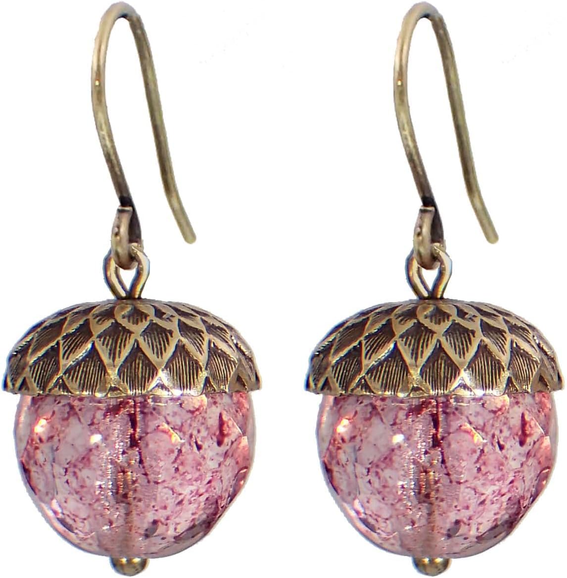 Czech Glass Acorn Earrings with Antiqued Brass Vintage Style Caps