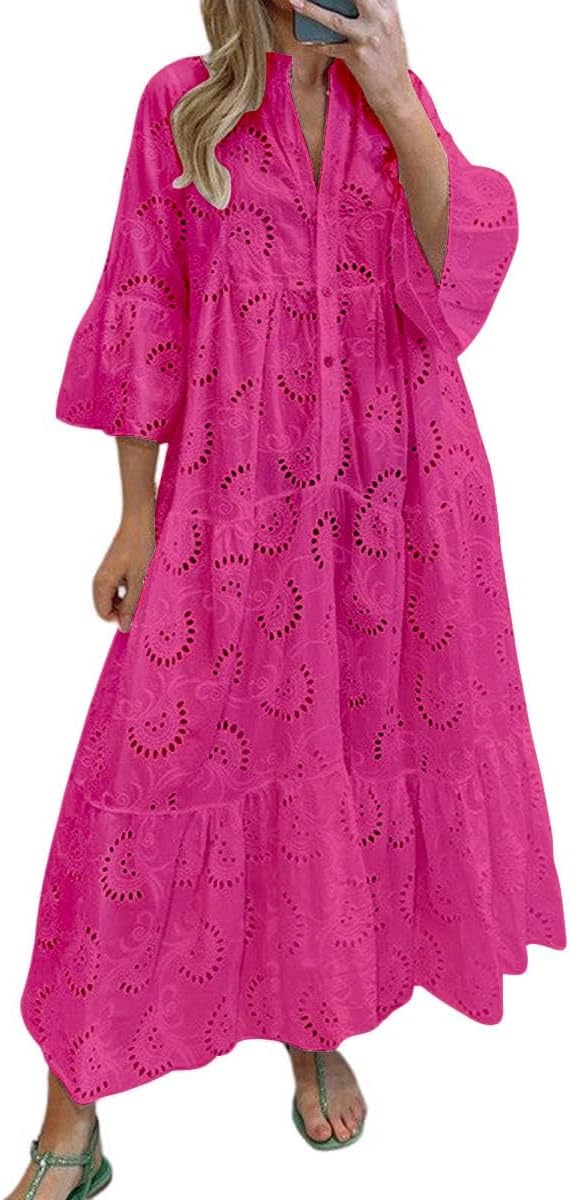 Chouyatou Women's Lace Eyelet Embroidery Maxi Dress for Summer