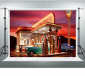 50s Backdrop for Bathday Party Route 66 Gas Station Vintage Car