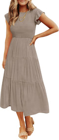 ZESICA Flutter Sleeve Smocked Waist Tiered Midi Dress - Flattering