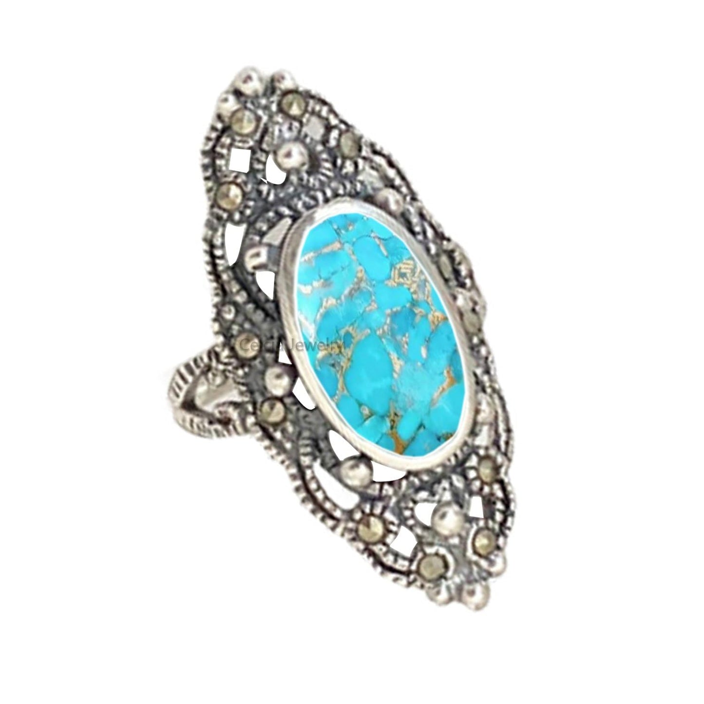 Pure 925 Sterling Silver Turquoise Ring for Women - Boho Style