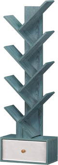 8 Tier Tree Bookshelf with Drawer - Tall Narrow Bookcase for Small