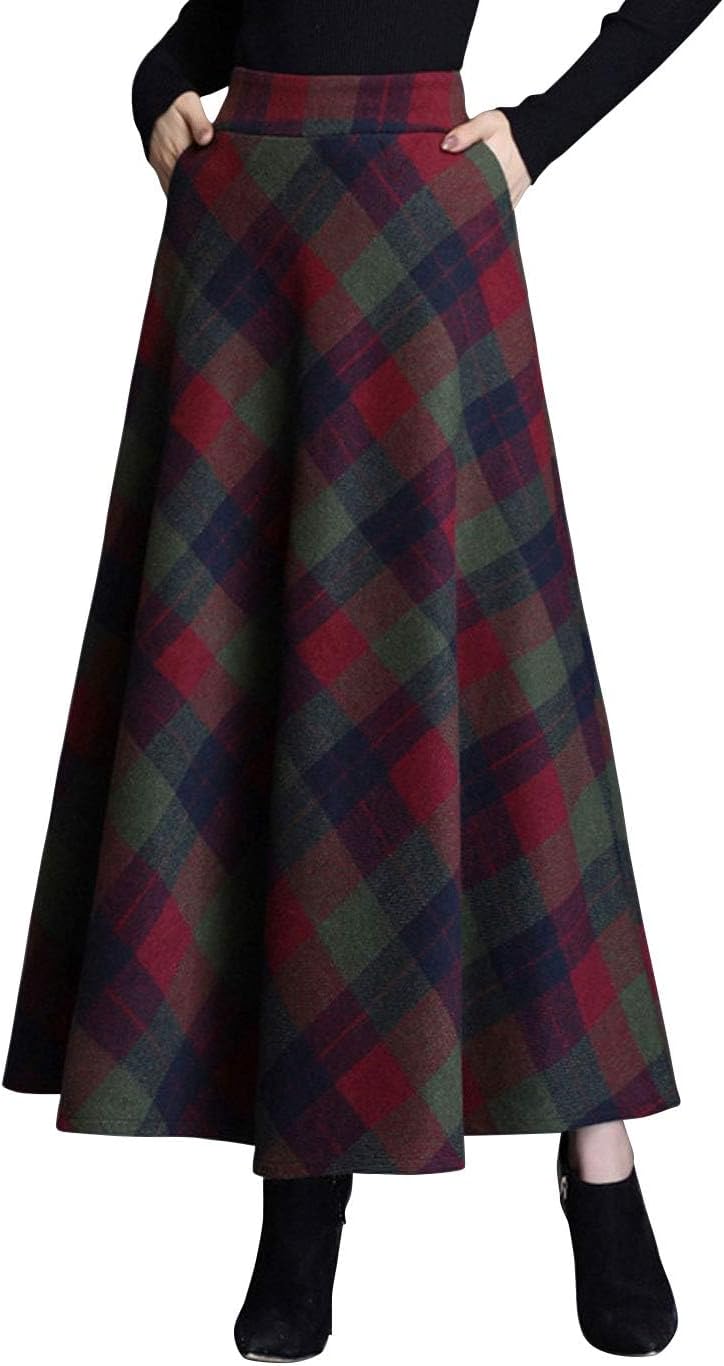 ebossy Women's Vintage High Waist Plaid A-Line Maxi Skirt