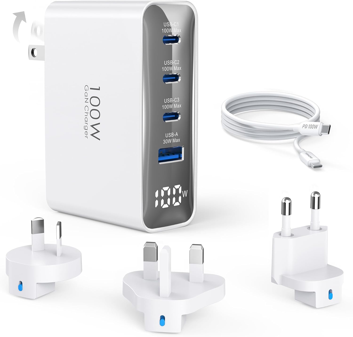 100W USB C Travel Charger with 4 Ports for Global Use