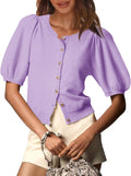 Womens Puff Short Sleeve Cardigan Knit Crew Neck - Lightweight