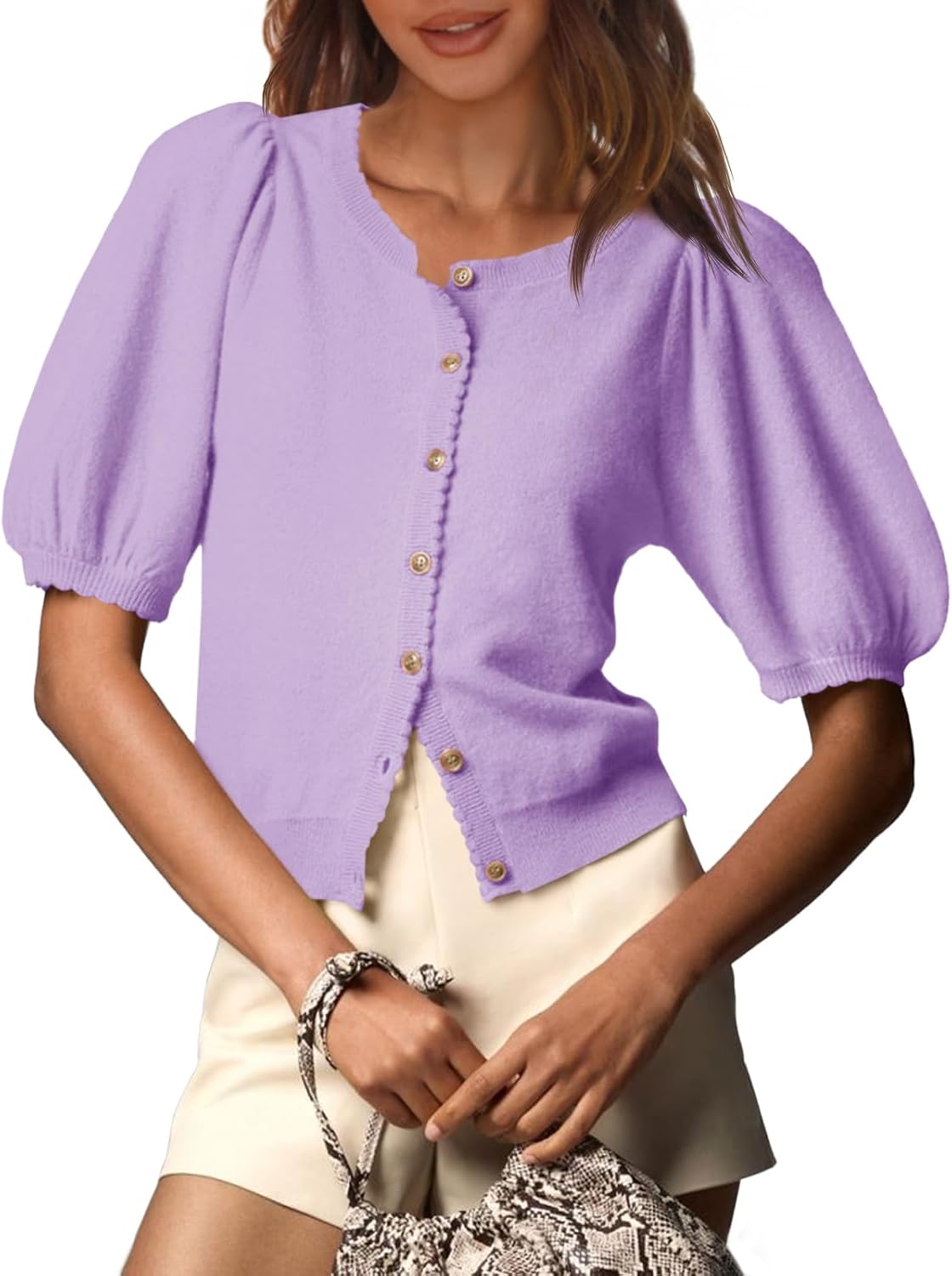 Saodimallsu Womens Puff Short Sleeve Cardigan for Summer Style