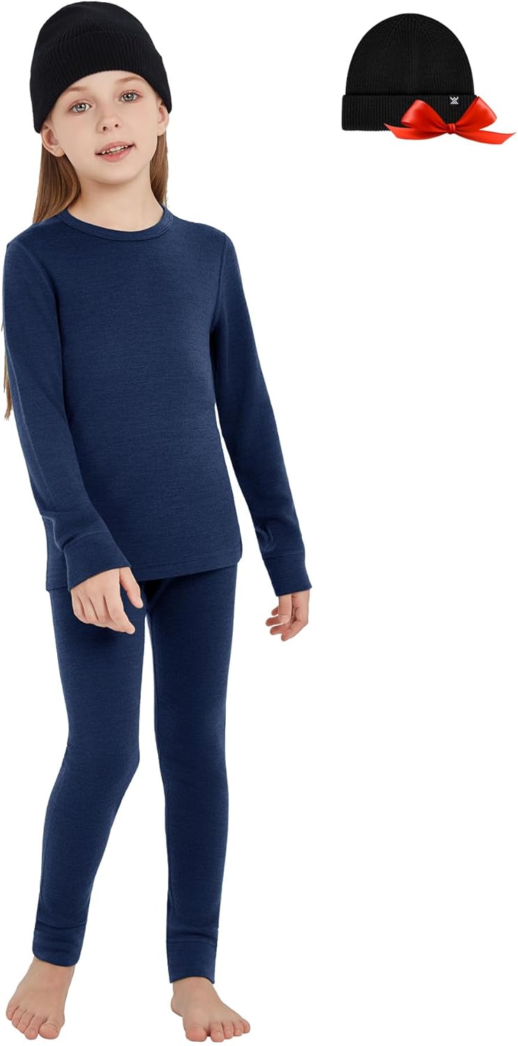 Unisex Kids' Merino Wool Base Layer Sets with Beanie Gift Pack