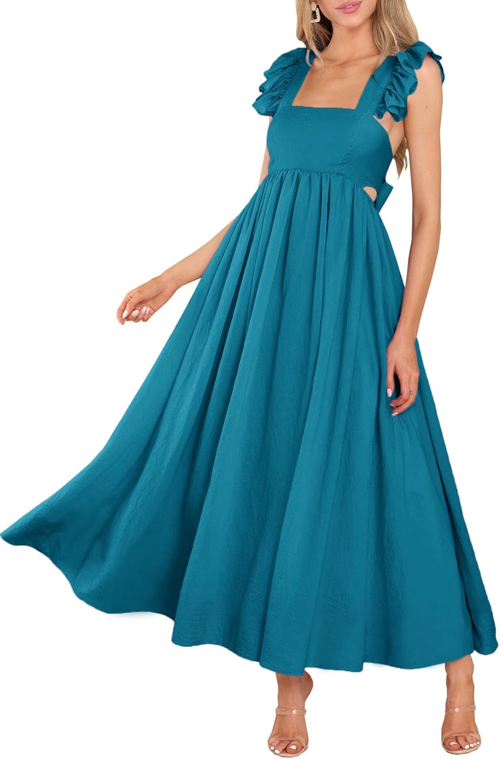 Stylish Summer Flutter Sleeve Square Neck Maxi Dress with Pockets