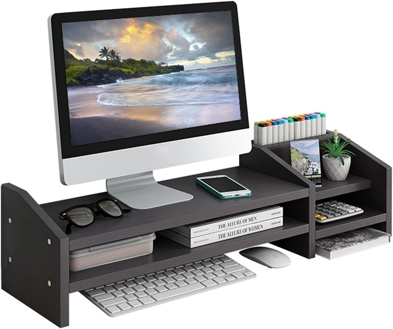 Computer Monitor Riser with Two Tier Storage for Home Office
