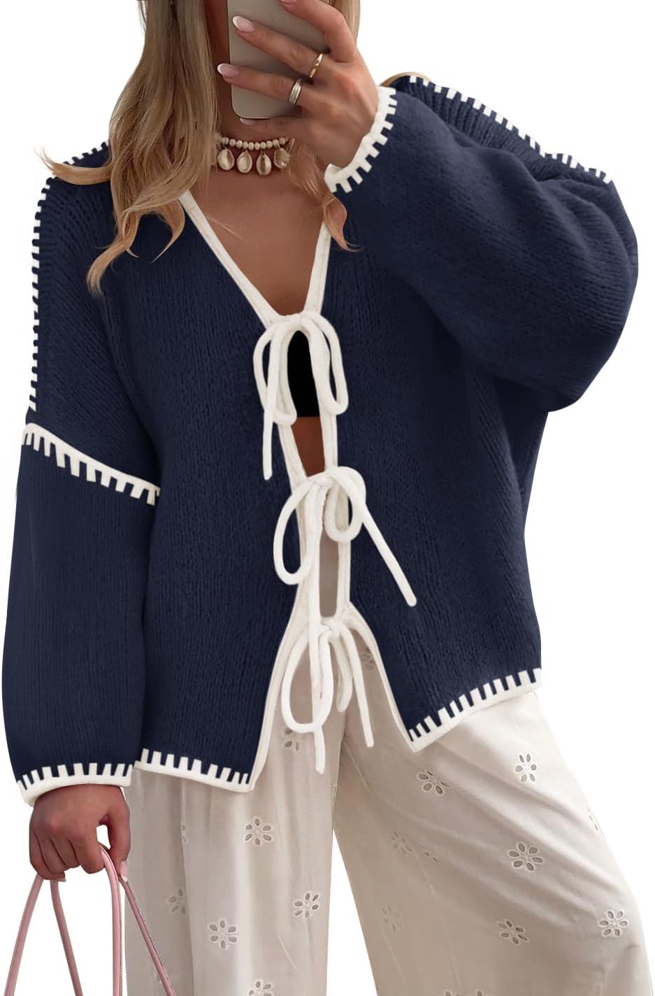 Trendy Tie Front Bow Sweaters for Women - ZESICA 2025 Style