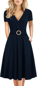 Women's Criss-Cross V Neck Fit and Flare Tea Dress with Pockets Shoes