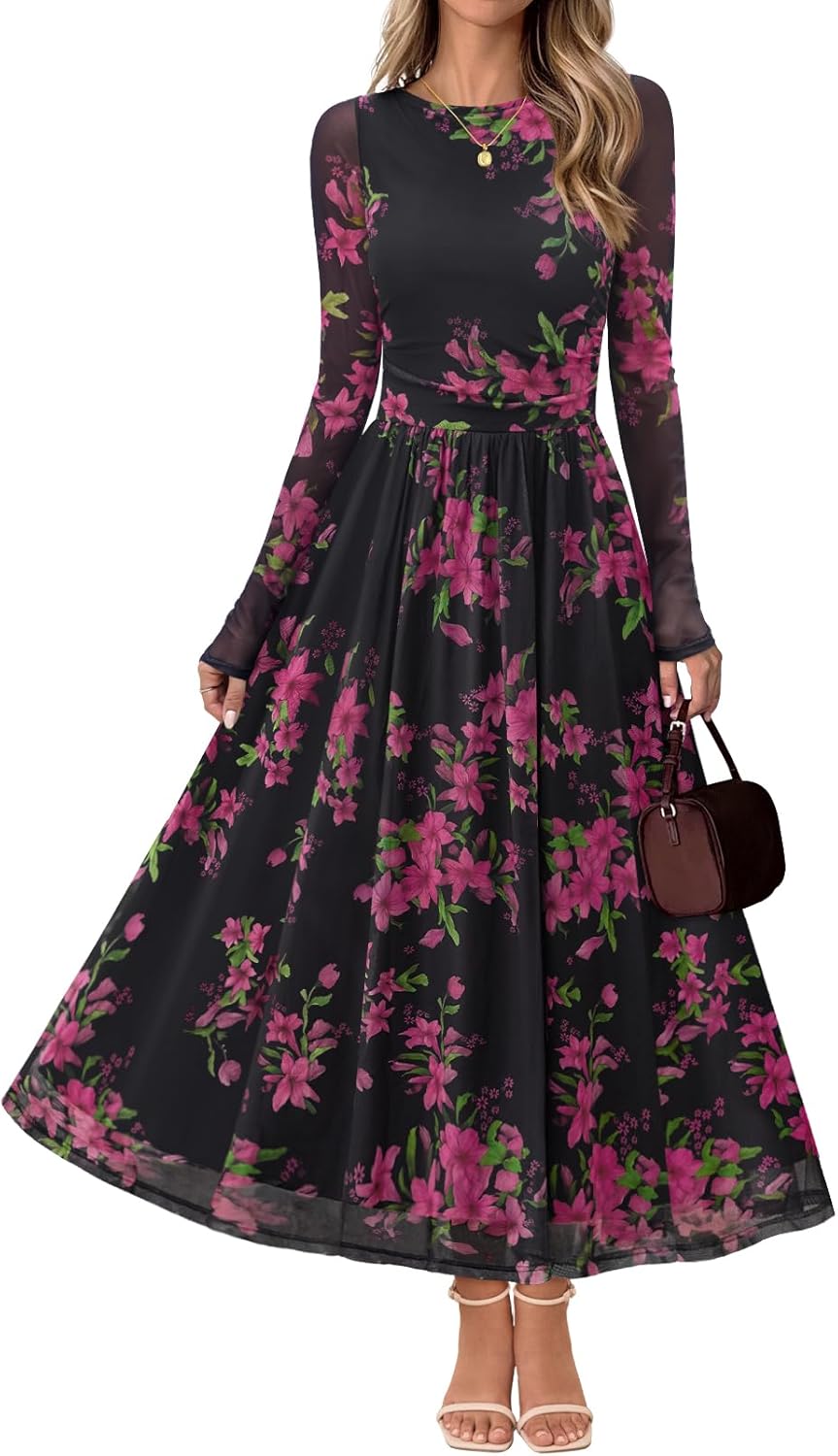 MEROKEETY Women's Long Sleeve Floral Maxi Dress for Weddings