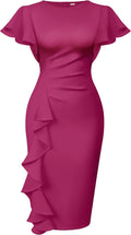 Memoriesea Vintage Church Ruffle Sleeve Ruched Bodycon Midi Dress US