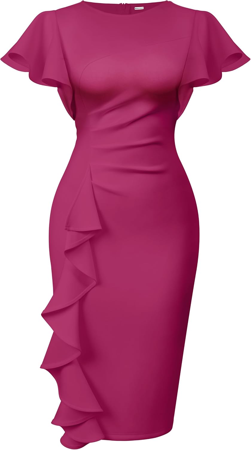 Memoriesea Women's Vintage Church Ruffle Sleeve Midi Dress