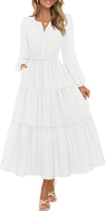 MEROKEETY Women's Fall Long Sleeve Maxi Dress - Boho Tiered Swiss Dots