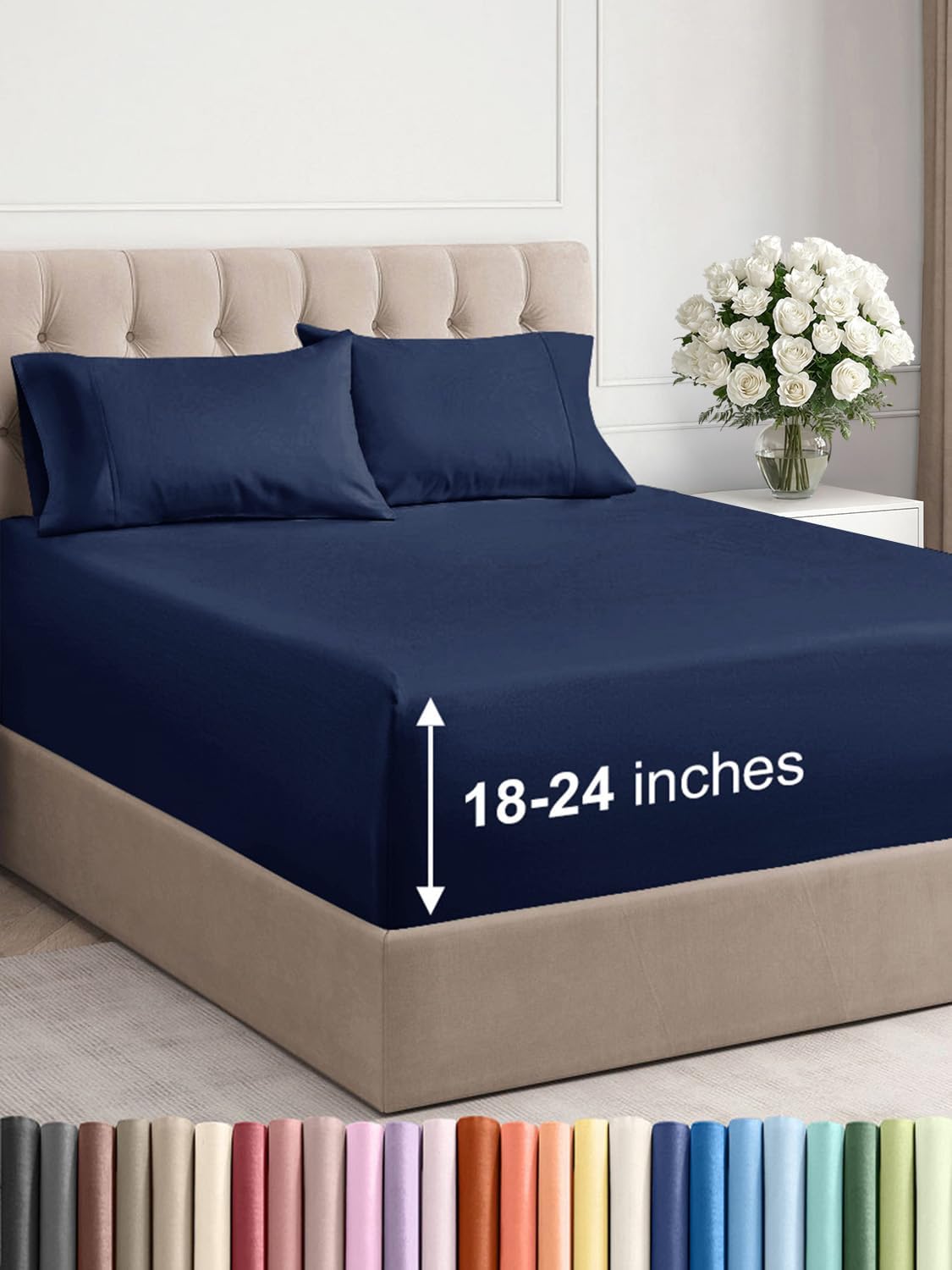 Extra Deep Pocket Full Sheets Set - Soft & Cooling Navy Blue