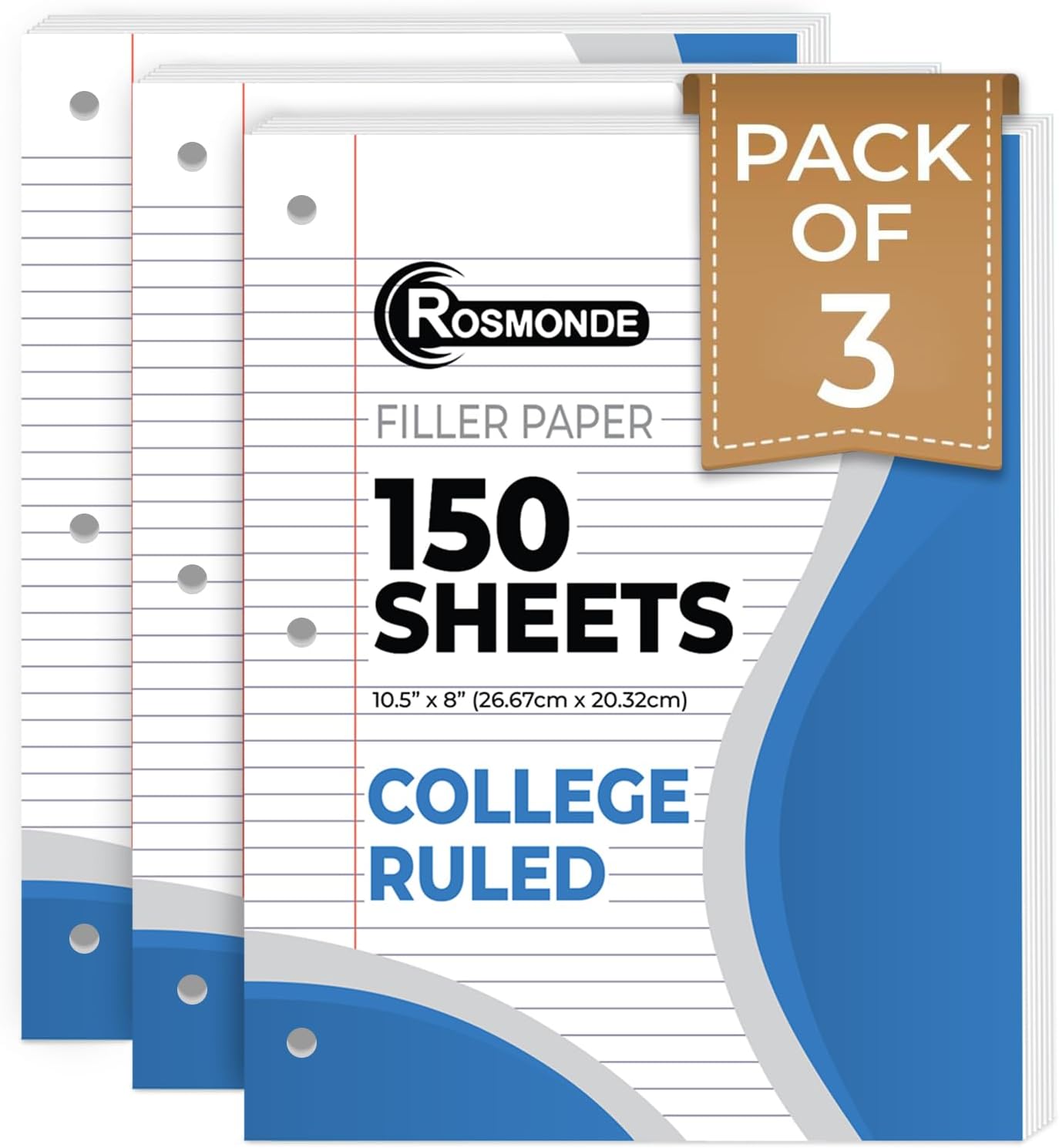 Rosmonde College Ruled Loose Leaf Paper, 450 Sheets x 3 Packs - Bulk Filler Paper for Binder
