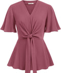 V Neck Peplum Top Tie Front Bell Sleeve Blouse - Elegant Slim Fit