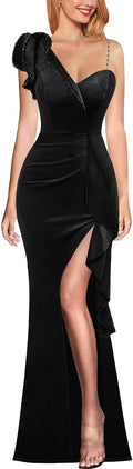 VFSHOW One Shoulder Ruffle Beaded Strap Ruched Slit Maxi Dress Women's