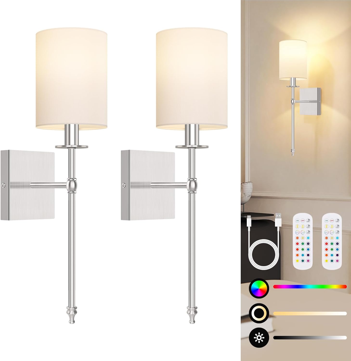 Battery Operated Wall Sconces Set of 2 with Remote Control