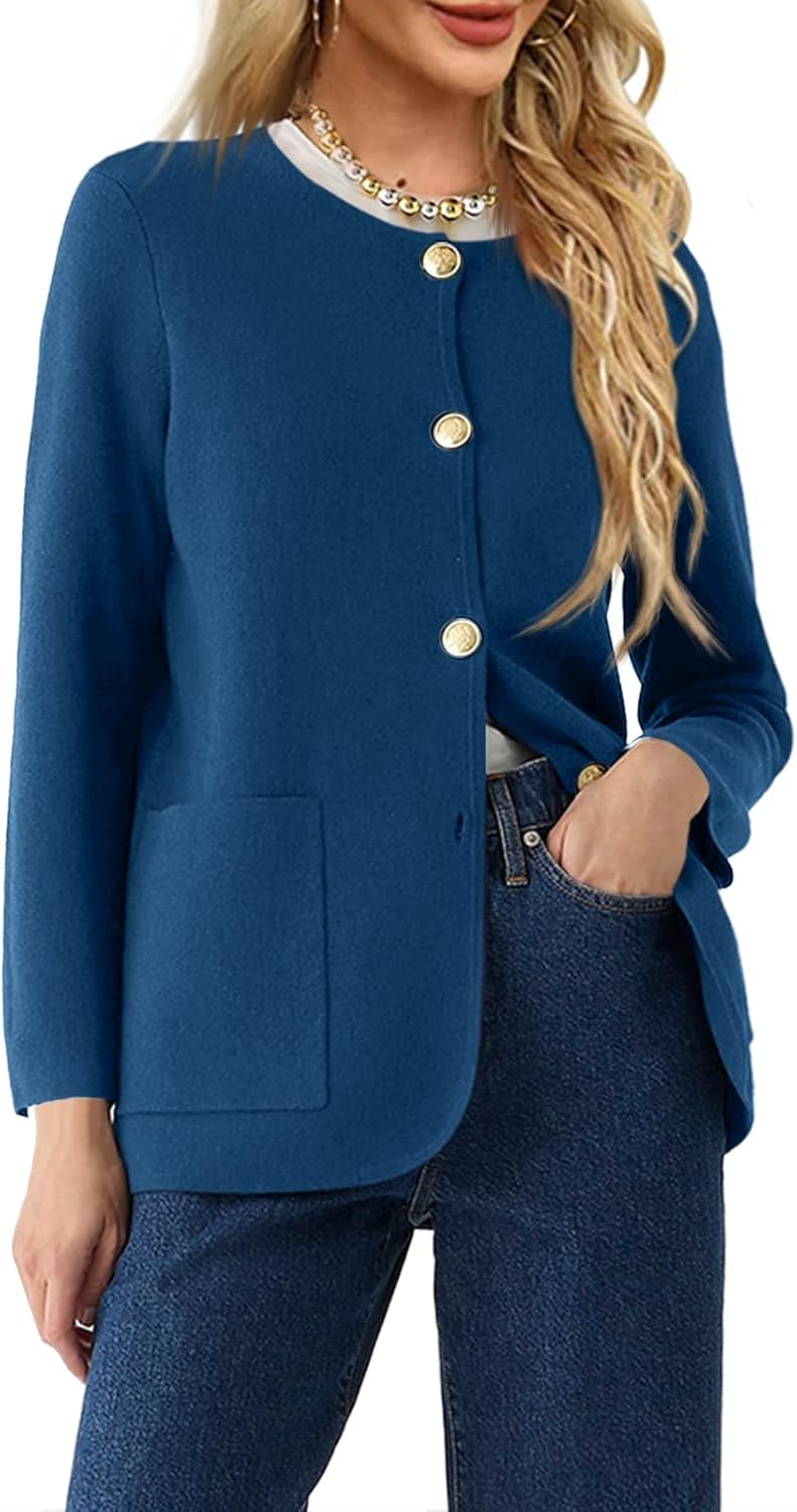Langwyqu Womens Crew Neck Button Down Blazer Sweater with Pockets