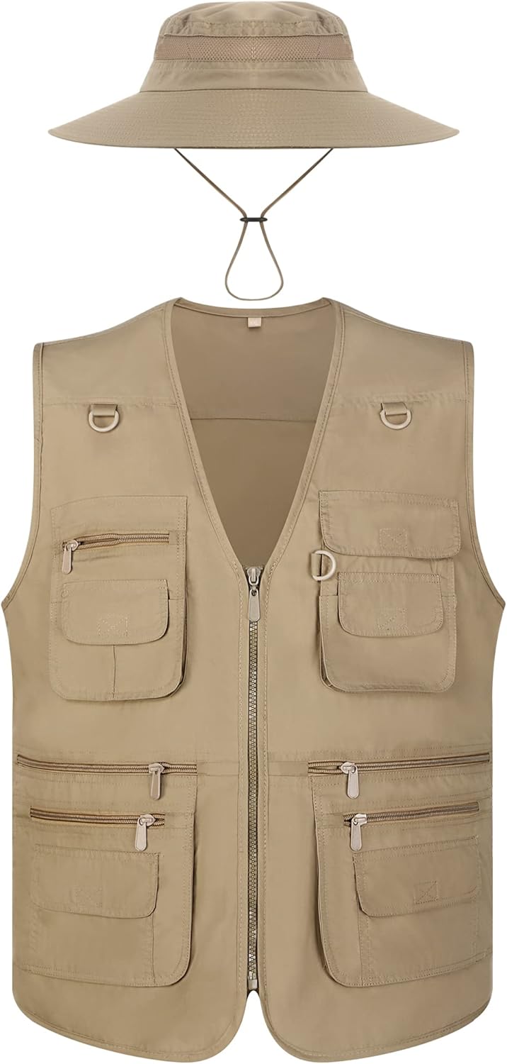 Men's Work Fishing Vest and Hat Set for Outdoor Activities