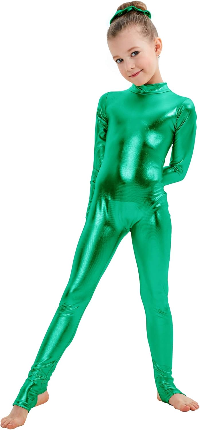 Kepblom Girls Shiny Metallic Mock Neck Unitard for Dance