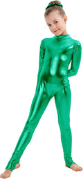 Girls Shiny Metallic Mock Neck Unitard Long Sleeve - Zipper Back