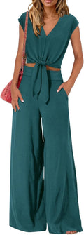 Women's 2 Piece Summer Outfit V Neck Crop Top & Wide Leg Pant Set