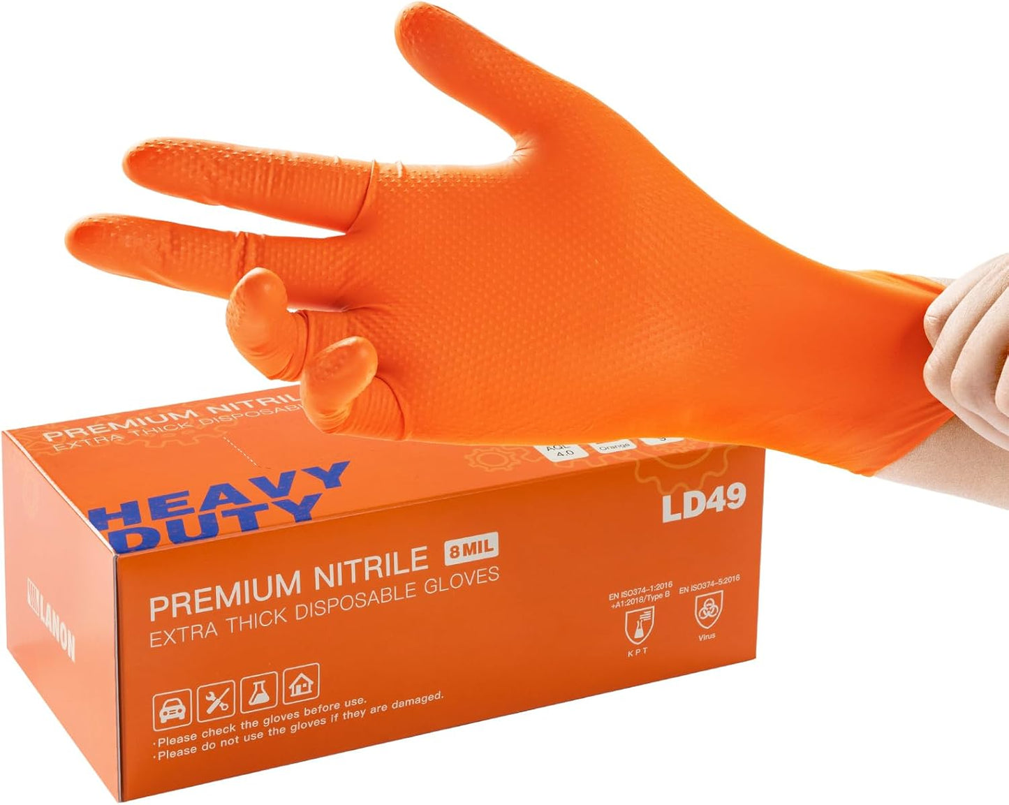LANON 8mil Orange Nitrile Gloves XL - Heavy Duty Protection