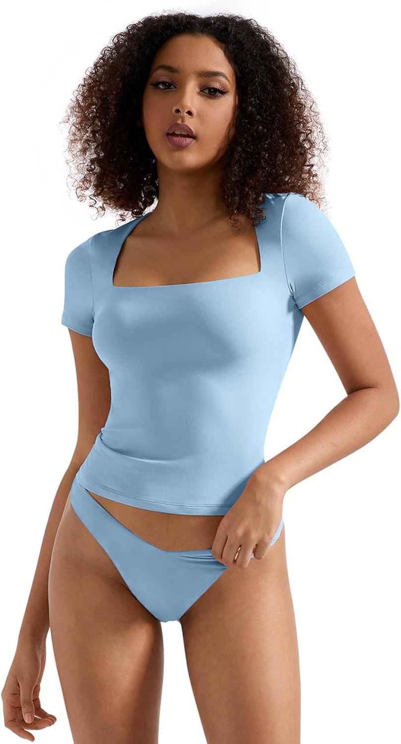 SUUKSESS Women Double Lined Fitted Basic Tee Square Neck Top