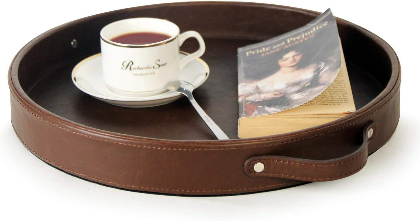 Elegant PU Leather Round Serving Tray for Home or Office Use