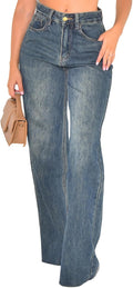 Women's Straight Leg High Waist Baggy Denim Jeans - Casual Stretchy