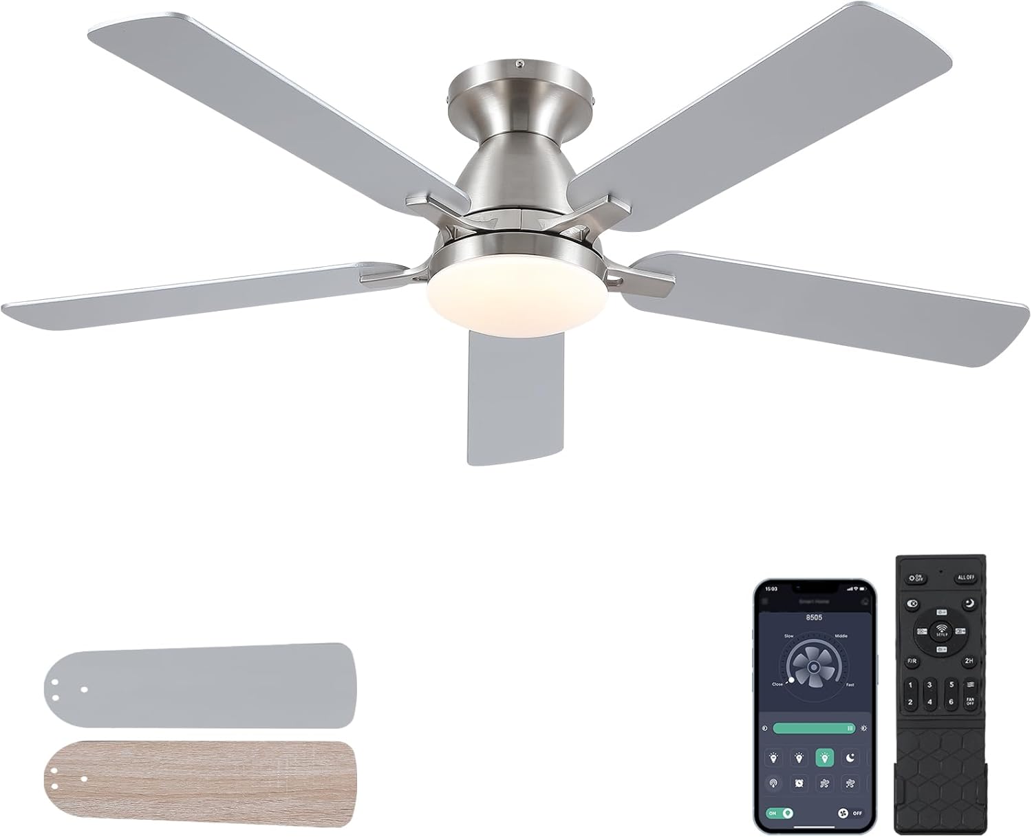 52in Flush Mount Ceiling Fan with Lights and Remote Control