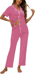 Womens 2 Piece Button Up Pajama Set - Soft Short Sleeve & Long Pant
