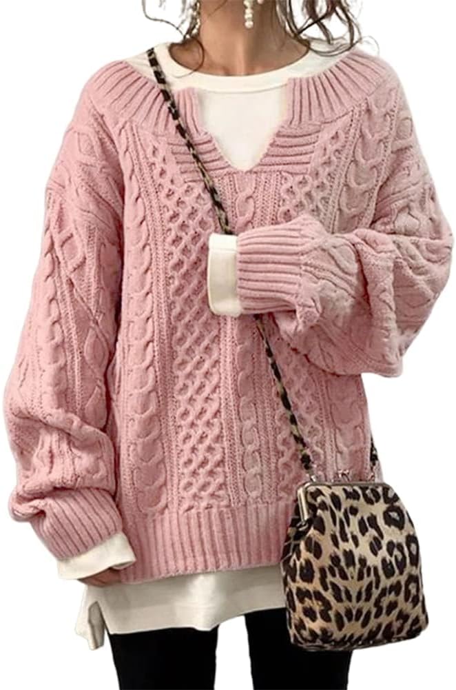 Chouyatou Women's Winter Chunky V Neck Cable Knit Sweater