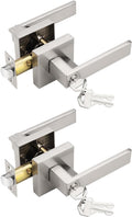 Square Entry Door Levers with Lock and Key - 2 Pack Brushed Nickel