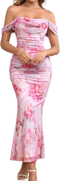 KUTUMAI Off The Shoulder Maxi Long Dress Corset Ruched Bodycon guest
