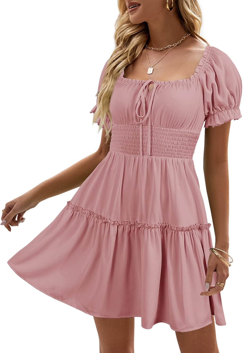 Boho Floral Smocked Square Neck Mini Dress for Women