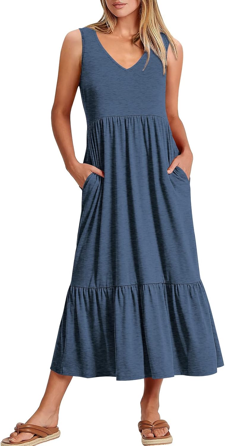 Womens Summer Maxi Dresses Fit & Flare Flowy V Neck Sleeveless