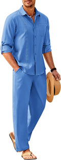 Mens Linen Sets 2 Piece Long Sleeve Cuban Shirt and Pants (Style TM1X)
